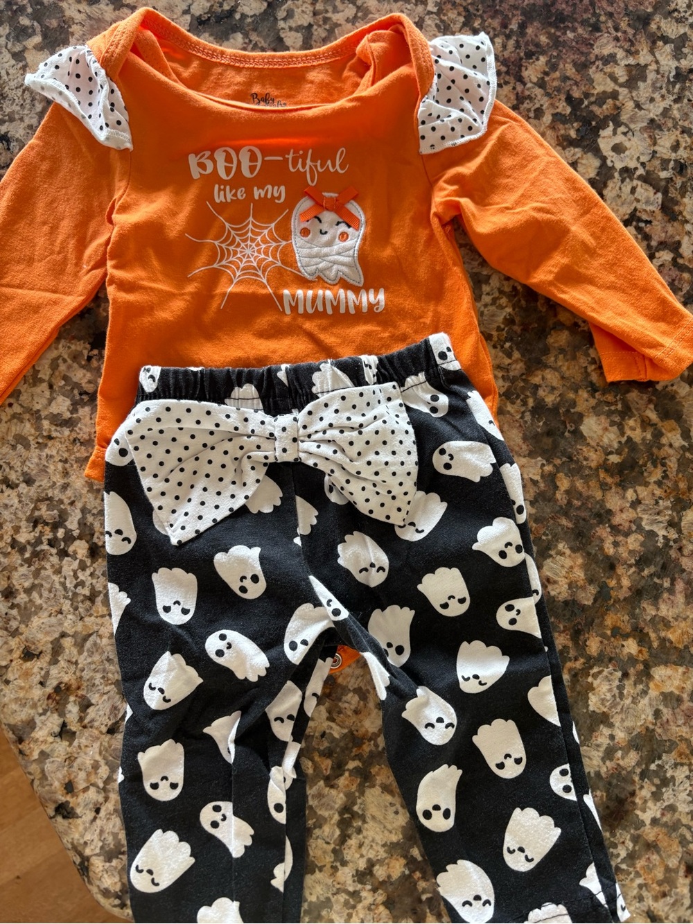 Orange Halloween Top with Black & White Ghost Pants Set